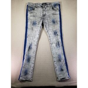 M.Society Jeans Mens 38x32 Acid Wash Blue Blind Trust Stripe Skinny Denim